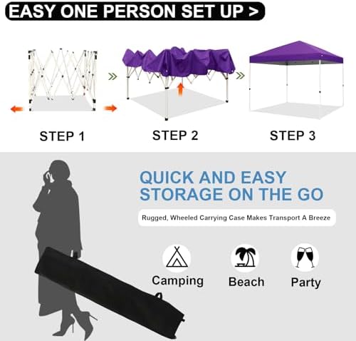 Northroad 10x10ft Pop Up Canopy  Popup Outdoor Canopy Tent with Wheeled Carrying Bag Portable Gazebo Shelter for Patio Deck Garden Beach Purple 