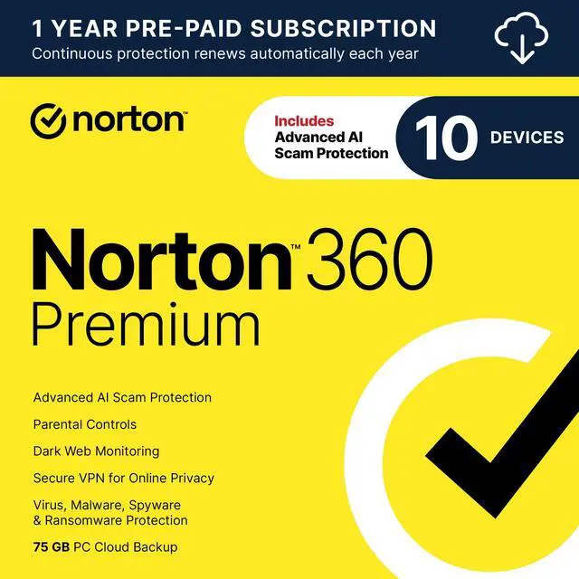 Norton 360 Premium 2026  Antivirus software for 10 Devices with Auto Renewal   Includes Advanced AI Scam Protection  VPN & PC Cloud Backup  Download 