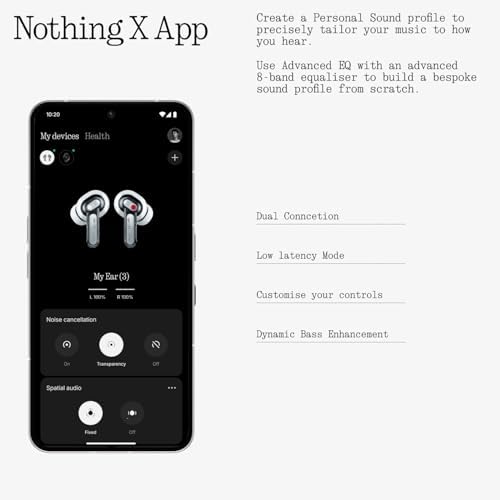 Nothing Ear  3  Wireless Earbuds Super Mic 45dB Hybrid Active Noise Cancelling Bluetooth Headphones Hi Res 6 Mics  12mm Dynamic Bass Boost  Dual Connect ANC Sport Ear Buds for iPhone Android  White