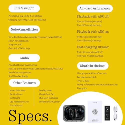 Nothing Ear  a  Wireless Earbuds  45dB Hybrid Noise Cancelling Earbuds  Hi Res Audio  Advanced Equaliser  Dual Connect  6 Mics  42 5H Playtime Ear Buds Wireless Bluetooth  Black