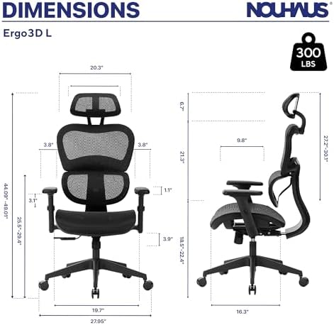Nouhaus Ergo3dL Home Office Desk Chairs Ergonomic Office Chair High Back Mesh Rolling Work Chairs with Wheels and Adjustable Headrests Comfortable Lumbar Support Adjustable Armrests