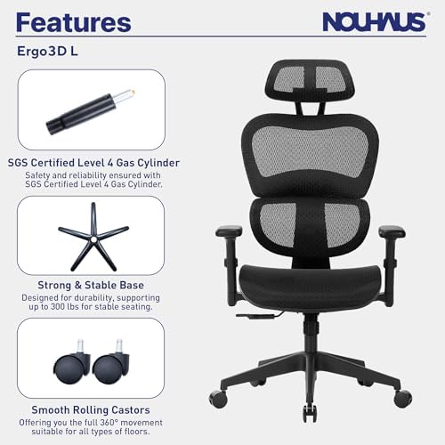 Nouhaus Ergo3dL Home Office Desk Chairs Ergonomic Office Chair High Back Mesh Rolling Work Chairs with Wheels and Adjustable Headrests Comfortable Lumbar Support Adjustable Armrests