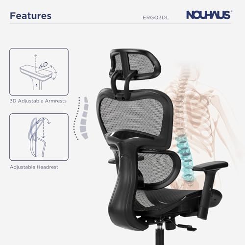 Nouhaus Ergo3dL Home Office Desk Chairs Ergonomic Office Chair High Back Mesh Rolling Work Chairs with Wheels and Adjustable Headrests Comfortable Lumbar Support Adjustable Armrests