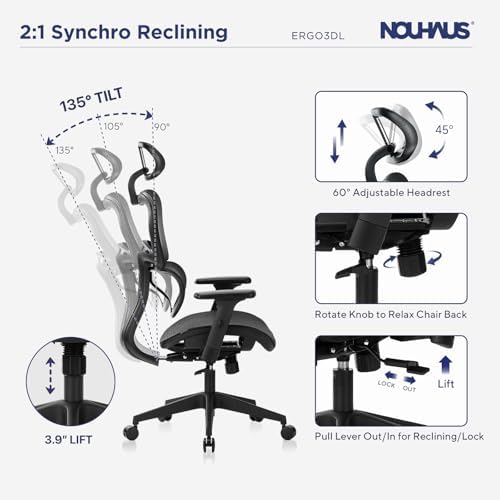 Nouhaus Ergo3dL Home Office Desk Chairs Ergonomic Office Chair High Back Mesh Rolling Work Chairs with Wheels and Adjustable Headrests Comfortable Lumbar Support Adjustable Armrests