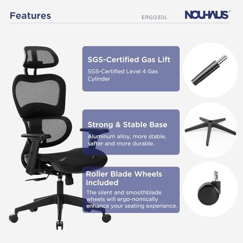 Nouhaus Ergo3dL Home Office Desk Chairs Ergonomic Office Chair High Back Mesh Rolling Work Chairs with Wheels and Adjustable Headrests Comfortable Lumbar Support Adjustable Armrests