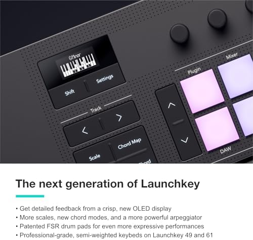 Novation Launchkey 61 MK4   61 key Semi Weighted  USB  MIDI Keyboard Controller with DAW Integration  Chord & Scale Modes  8 Drum Pads  & Arpeggiator   Includes Software Bundle for Music Production