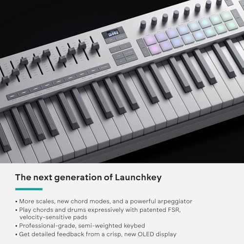 Novation Launchkey 61 MK4   61 key Semi Weighted  USB  MIDI Keyboard Controller with DAW Integration  Chord & Scale Modes  8 Drum Pads  & Arpeggiator   Includes Software Bundle for Music Production