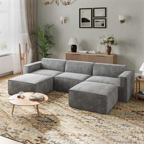 Novilla 117 7 Modular Sectional Sofa  No Assembly Cloud Sectional Couch with Smarts Coil  Support  Chenille Fabric U Shape Boneless Couch for Living Room Apartment  Dark Gray  3 Seat w/ 2 Ottoman 