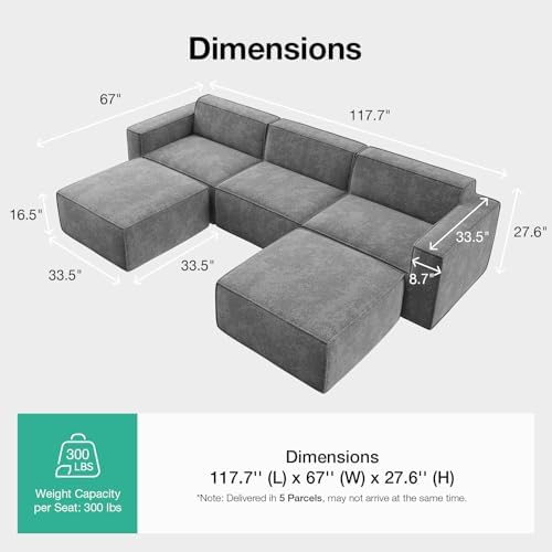 Novilla 117 7 Modular Sectional Sofa  No Assembly Cloud Sectional Couch with Smarts Coil  Support  Chenille Fabric U Shape Boneless Couch for Living Room Apartment  Dark Gray  3 Seat w/ 2 Ottoman 