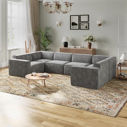 Novilla 117 7 Modular Sectional Sofa  No Assembly Cloud Sectional Couch with Smarts Coil  Support  Chenille Fabric U Shape Boneless Couch for Living Room Apartment  Dark Gray  3 Seat w/ 2 Ottoman 