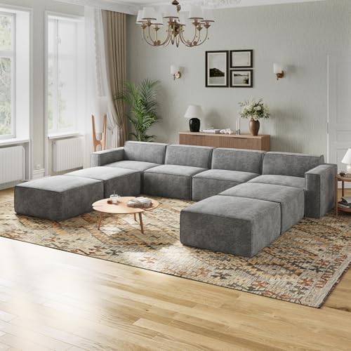 Novilla 117 7 Modular Sectional Sofa  No Assembly Cloud Sectional Couch with Smarts Coil  Support  Chenille Fabric U Shape Boneless Couch for Living Room Apartment  Dark Gray  3 Seat w/ 2 Ottoman 