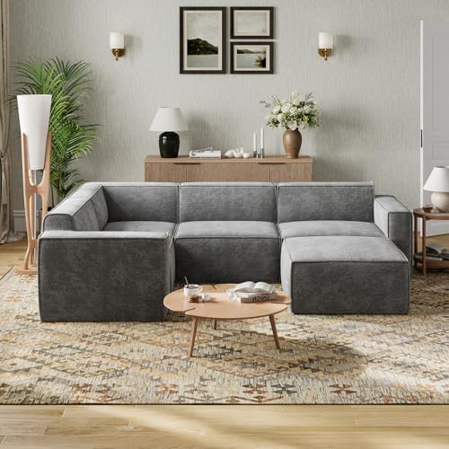 Novilla 117 7 Modular Sectional Sofa  No Assembly Cloud Sectional Couch with Smarts Coil  Support  Chenille Fabric U Shape Boneless Couch for Living Room Apartment  Dark Gray  3 Seat w/ 2 Ottoman 