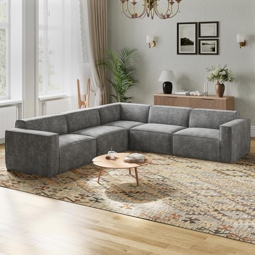 Novilla 117 7 Modular Sectional Sofa  No Assembly Cloud Sectional Couch with Smarts Coil  Support  Chenille Fabric U Shape Boneless Couch for Living Room Apartment  Dark Gray  3 Seat w/ 2 Ottoman 