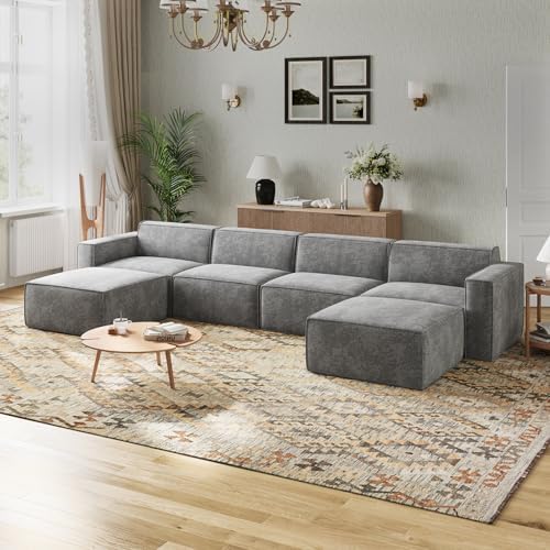 Novilla 117 7 Modular Sectional Sofa  No Assembly Cloud Sectional Couch with Smarts Coil  Support  Chenille Fabric U Shape Boneless Couch for Living Room Apartment  Dark Gray  3 Seat w/ 2 Ottoman 