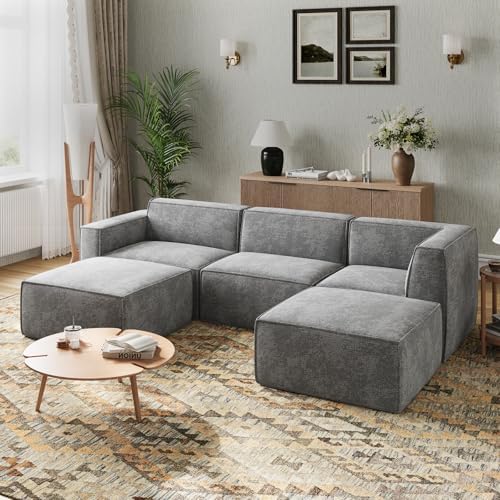 Novilla 117 7 Modular Sectional Sofa  No Assembly Cloud Sectional Couch with Smarts Coil  Support  Chenille Fabric U Shape Boneless Couch for Living Room Apartment  Dark Gray  3 Seat w/ 2 Ottoman 