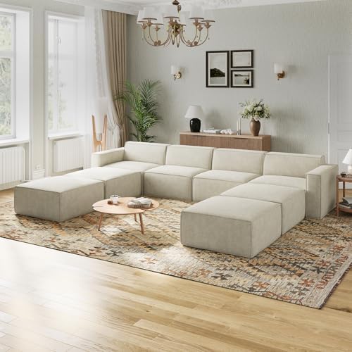 Novilla 117 7 Modular Sectional Sofa  No Assembly Cloud Sectional Couch with Smarts Coil  Support  Chenille Fabric U Shape Boneless Couch for Living Room Apartment  Dark Gray  3 Seat w/ 2 Ottoman 