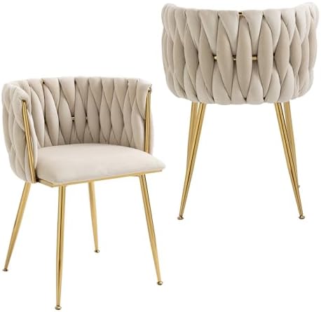 Nrizc Velvet Dining Chairs Set of 2  Woven Upholstered Dining Chairs with Gold Metal Legs  Modern Accent Chairs for Living Room  Dining Room  Kitchen