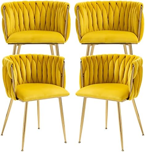 Nrizc Velvet Dining Chairs Set of 2  Woven Upholstered Dining Chairs with Gold Metal Legs  Modern Accent Chairs for Living Room  Dining Room  Kitchen