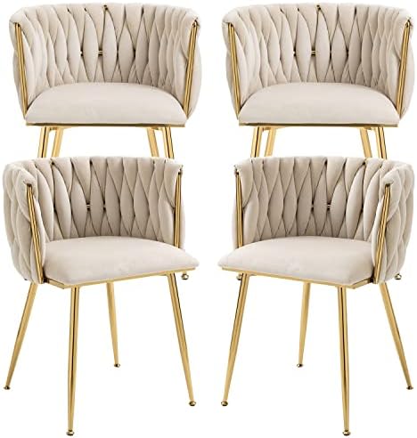 Nrizc Velvet Dining Chairs Set of 2  Woven Upholstered Dining Chairs with Gold Metal Legs  Modern Accent Chairs for Living Room  Dining Room  Kitchen