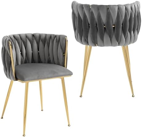 Nrizc Velvet Dining Chairs Set of 2  Woven Upholstered Dining Chairs with Gold Metal Legs  Modern Accent Chairs for Living Room  Dining Room  Kitchen