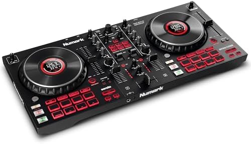 Numark Mixtrack Platinum FX Controlador para DJ, para Serato DJ, con control de 4 cubiertas, mezclador, interfaz de audio incorporada, rueda con visualización y palas FX