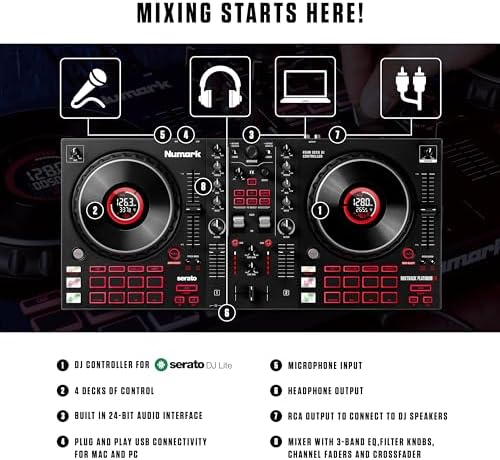 Numark Mixtrack Platinum FX Controlador para DJ, para Serato DJ, con control de 4 cubiertas, mezclador, interfaz de audio incorporada, rueda con visualización y palas FX