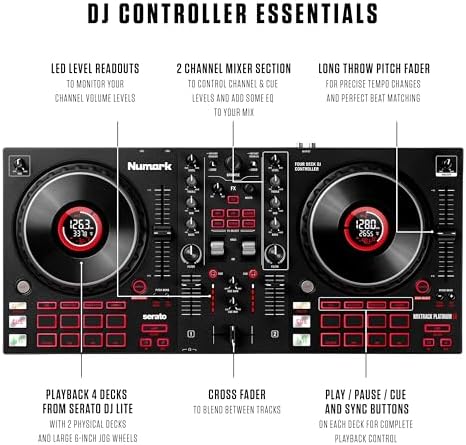 Numark Mixtrack Platinum FX Controlador para DJ, para Serato DJ, con control de 4 cubiertas, mezclador, interfaz de audio incorporada, rueda con visualización y palas FX