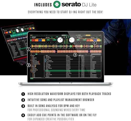 Numark Mixtrack Platinum FX Controlador para DJ, para Serato DJ, con control de 4 cubiertas, mezclador, interfaz de audio incorporada, rueda con visualización y palas FX