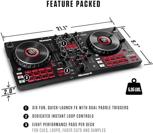 Numark Mixtrack Platinum FX Controlador para DJ, para Serato DJ, con control de 4 cubiertas, mezclador, interfaz de audio incorporada, rueda con visualización y palas FX