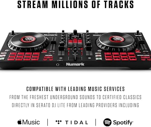 Numark Mixtrack Platinum FX Controlador para DJ, para Serato DJ, con control de 4 cubiertas, mezclador, interfaz de audio incorporada, rueda con visualización y palas FX