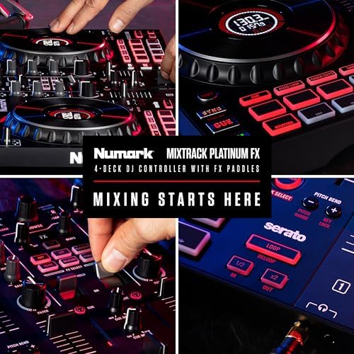 Numark Mixtrack Platinum FX Controlador para DJ, para Serato DJ, con control de 4 cubiertas, mezclador, interfaz de audio incorporada, rueda con visualización y palas FX