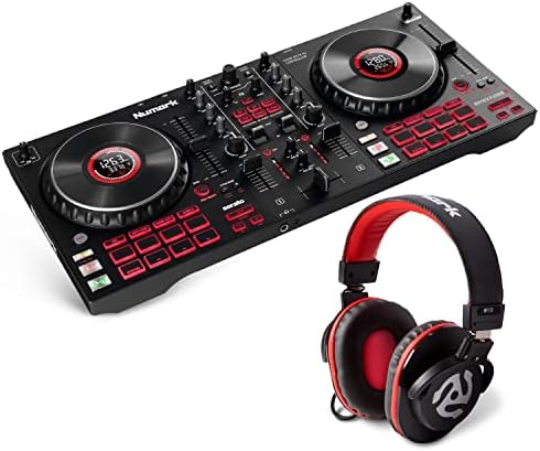 Numark Mixtrack Platinum FX Controlador para DJ, para Serato DJ, con control de 4 cubiertas, mezclador, interfaz de audio incorporada, rueda con visualización y palas FX