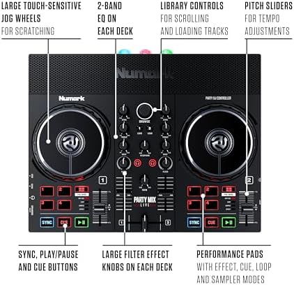 Numark Party Mix Live DJ Controller with Speakers  Lights  2 Decks  Mixer  Audio Interface and Serato Lite