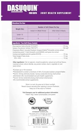 Nutramax Dasuquin Joint Health Supplement for Cats   with Glucosamine  Chondroitin  ASU  Boswellia Serrata Extract  Green Tea Extract  and Omega 3  84 Soft Chews  Pack of 2 