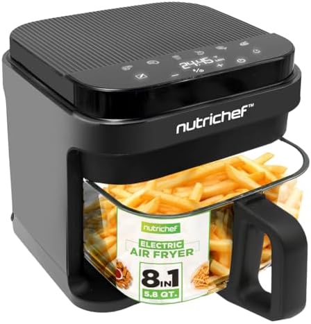 Nutrichef 5 8 Quart Air Fryer   8 1 Preset Cook Modes   Transparent Fry Bowl for Best Cooking Results   Cook Shrimp  Steak  Fries  Wings  Chicken & More   Precise Temperature Control & Time   Grey