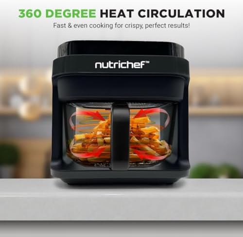 Nutrichef 5 8 Quart Air Fryer   8 1 Preset Cook Modes   Transparent Fry Bowl for Best Cooking Results   Cook Shrimp  Steak  Fries  Wings  Chicken & More   Precise Temperature Control & Time   Grey
