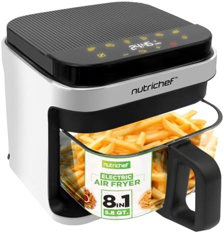 Nutrichef 5 8 Quart Air Fryer   8 1 Preset Cook Modes   Transparent Fry Bowl for Best Cooking Results   Cook Shrimp  Steak  Fries  Wings  Chicken & More   Precise Temperature Control & Time   Grey