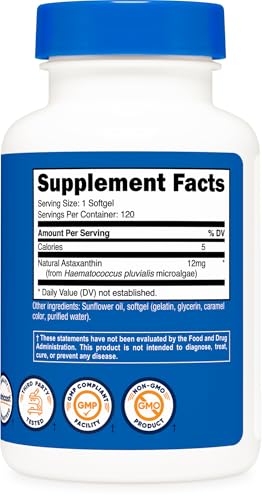 Nutricost Astaxanthin 12mg  Non GMO and Gluten Free  120 Softgels  4 Month Supply 