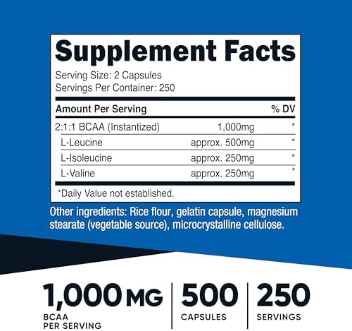 Nutricost BCAA 1000mg  500 Capsules  250 Serv   2 1 1 Branched Chain Amino Acids  500mg of L Leucine  250mg of L Isoleucine and L Valine