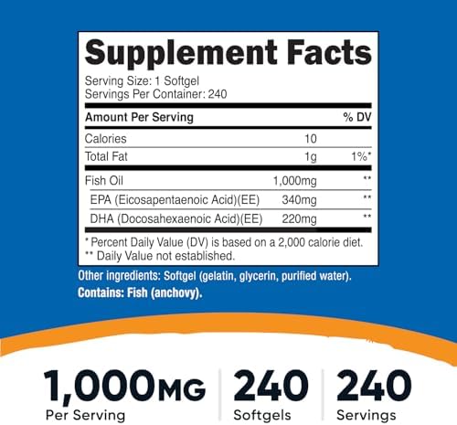 Nutricost Aceite de pescado 1000 mg (560 mg de Omega-3), 240 cápsulas blandas (3 botellas)