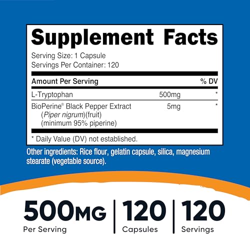 Nutricost L Tryptophan 500mg  120 Capsules   with BioPerine  Gluten Free  Non GMO