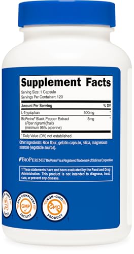Nutricost L Tryptophan 500mg  120 Capsules   with BioPerine  Gluten Free  Non GMO