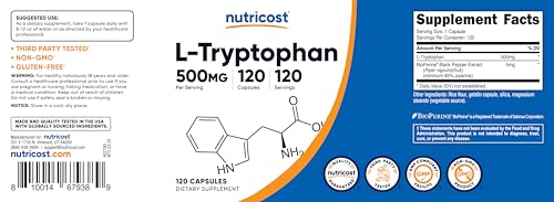 Nutricost L Tryptophan 500mg  120 Capsules   with BioPerine  Gluten Free  Non GMO