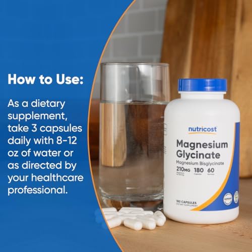 Nutricost Magnesium Glycinate Capsules  180 Capsules  210 mg Per Serving    Magnesium Glycinate Supplement for Gentle Absorption