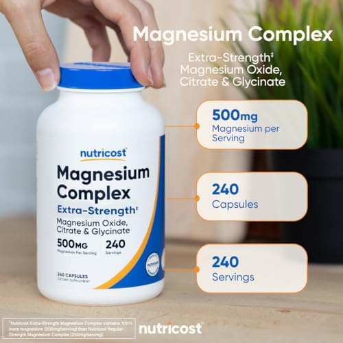 Nutricost Magnesium Complex 500mg  240 Capsules   Magnesium Oxide  Citrate  and Glycinate   Gluten Free and Non GMO