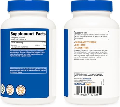 Nutricost Magnesium Glycinate Capsules  180 Capsules  210 mg Per Serving    Magnesium Glycinate Supplement for Gentle Absorption