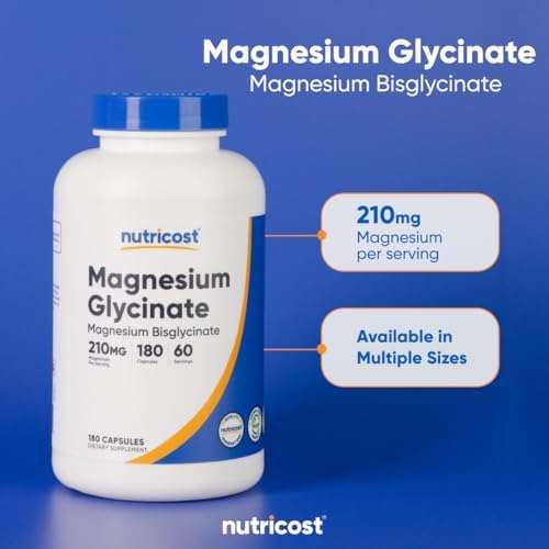 Nutricost Magnesium Glycinate Capsules  180 Capsules  210 mg Per Serving    Magnesium Glycinate Supplement for Gentle Absorption