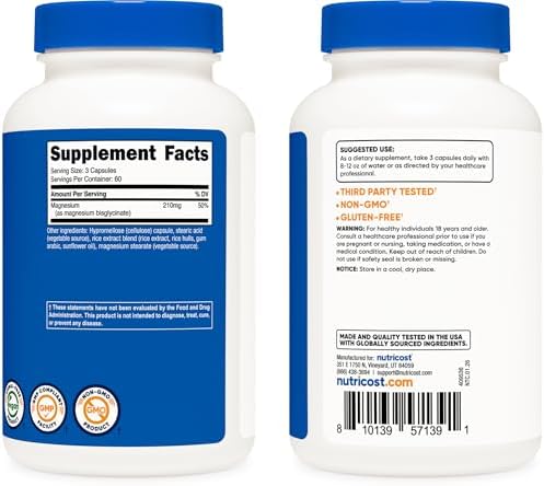 Nutricost Magnesium Glycinate Capsules  180 Capsules  210 mg Per Serving    Magnesium Glycinate Supplement for Gentle Absorption
