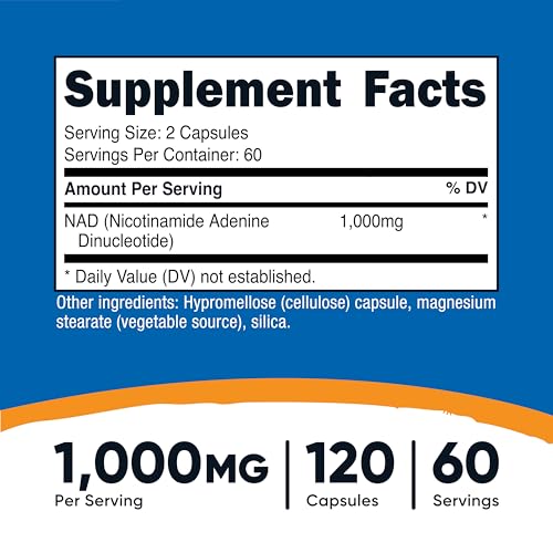 Nutricost NAD  Supplement 1 000mg per Serving 120 Capsules  Nicotinamide Adenine Dinucleotide    60 Servings  Gluten Free  Vegan
