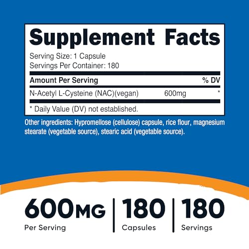 Nutricost N Acetyl L Cysteine  NAC  600mg  180 Capsules   Non GMO  Gluten Free